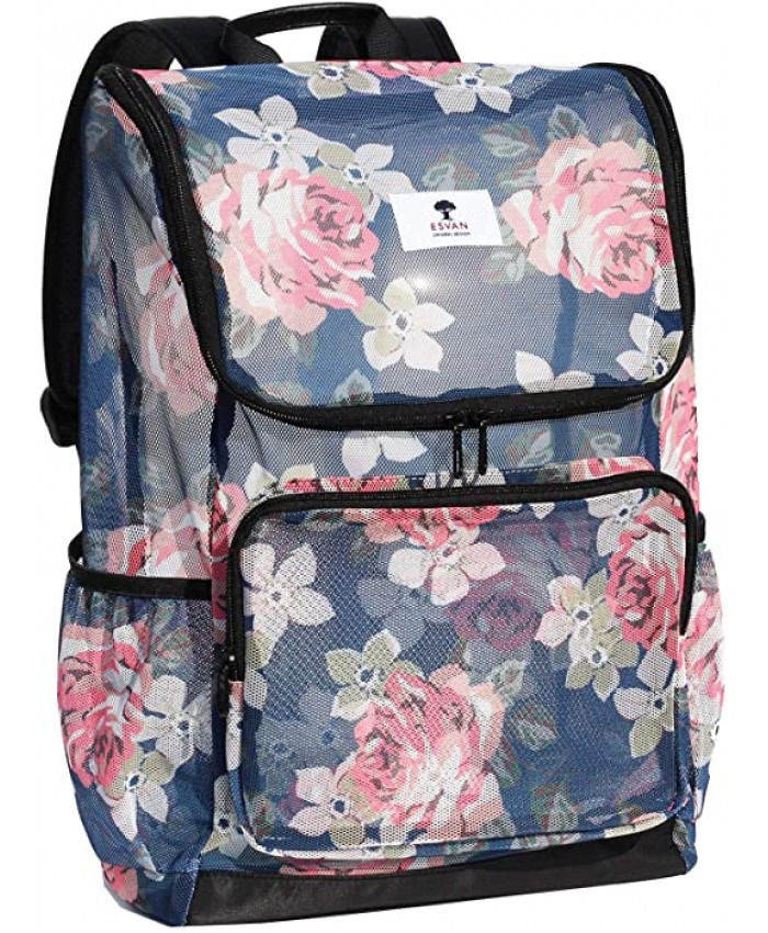 ESVAN Original Print Mesh Backpack Clear Bag See through Pack for School Beach Gym Multi-Purpose Women Men