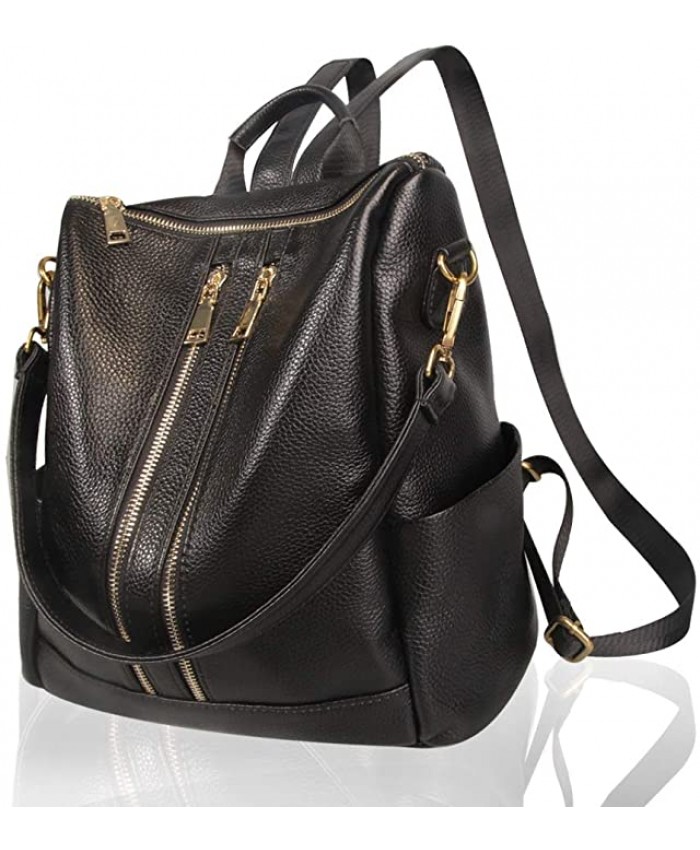 Front Double Zipper Women Work Backpack Convertible Black Purse Real Leather Shoulder Bag