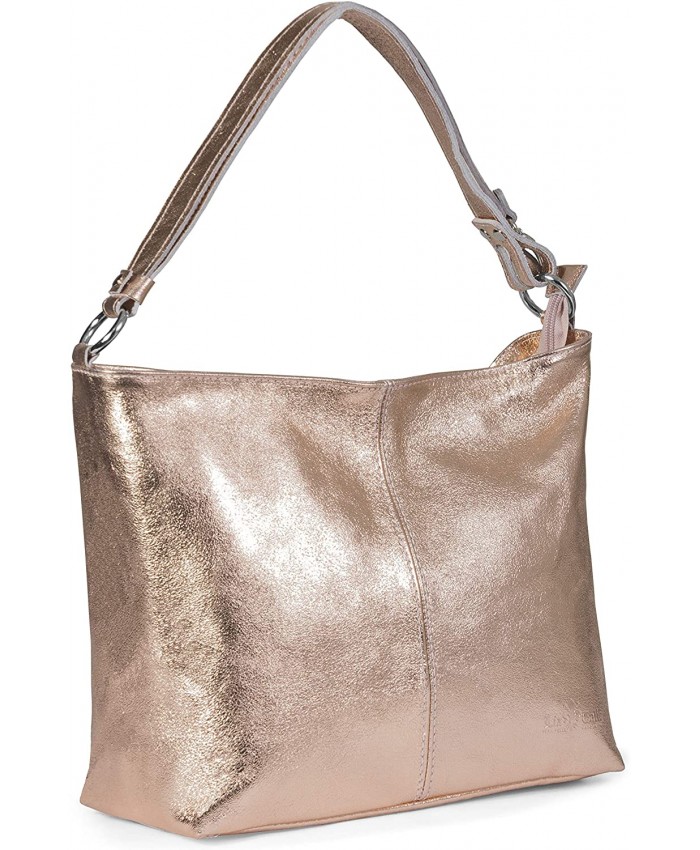 LiaTalia Womens Genuine Italian Leather Medium Size Shoulder Hobo Bag - Adjustable Long Strap Handbag - EMMY [Rose Gold]