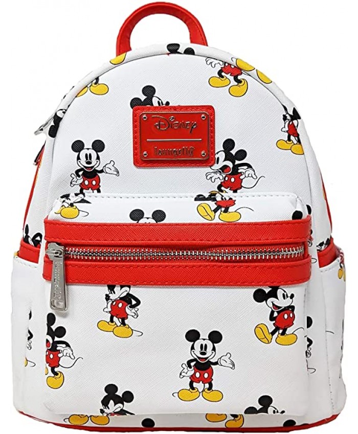 Loungefly Disney Mickey Mouse Many Moods All Over Print With Red Trim - Double Strap Mini Backpack Shoulder Bag Purse for Women