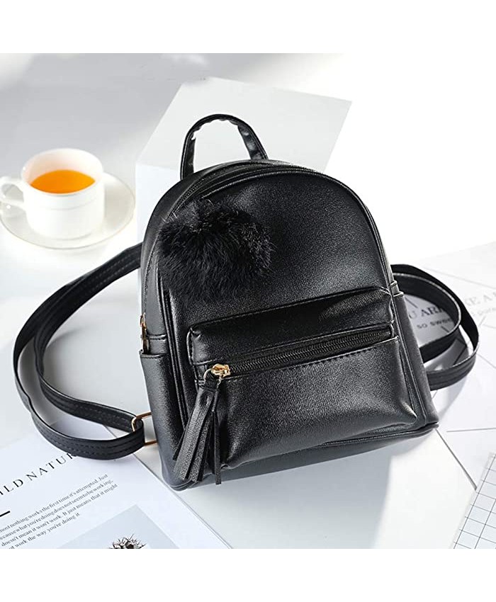Mini Backpack Purse for Girls Teens Women Purses PU Leather Pom Backpack Black