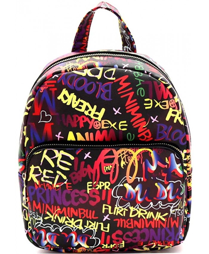 Retro Vintage Multicolor Colorful Graffiti Vegan Leather Tote Purse Handbag Medium Pocket Backpack - Dark Multi