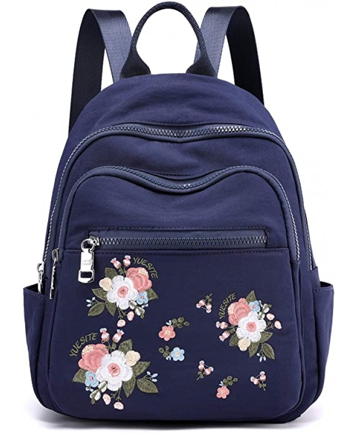 Small Backpacks for women Mini Nylon Bookbag Purse Casual Lightweight Embroidery Daypack BLUE
