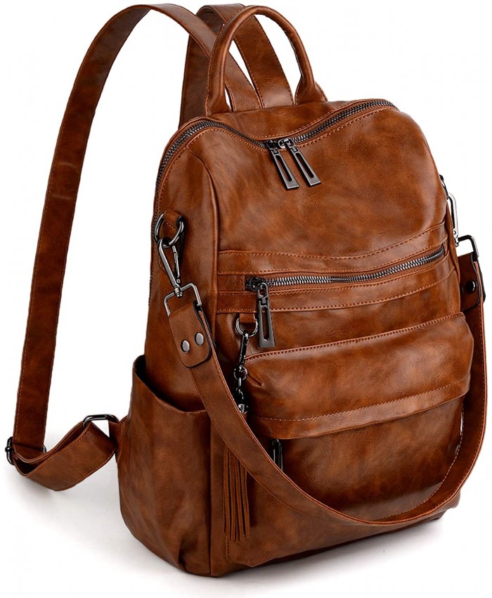 UTO Backpack Purse for Women Leather Vegan Convertible Ladies Rucksack Tassels Shoulder Bag Brown