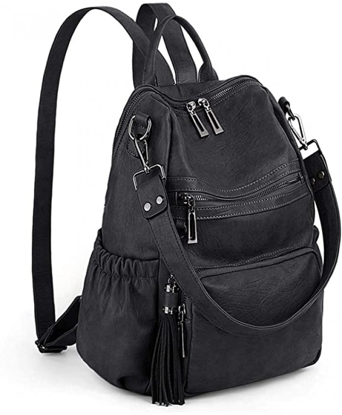 UTO Women Backpack Purse PU Washed Leather Convertible Ladies Rucksack Tassel Zipper Pocket Shoulder Bag A Black