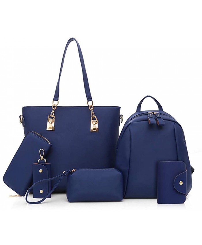 Women Handbag Purse Backpack 6PCS Set Waterproof Shoulder Bag Top-Handle Handbag Tote Purse Wallet Key Case Set Blue