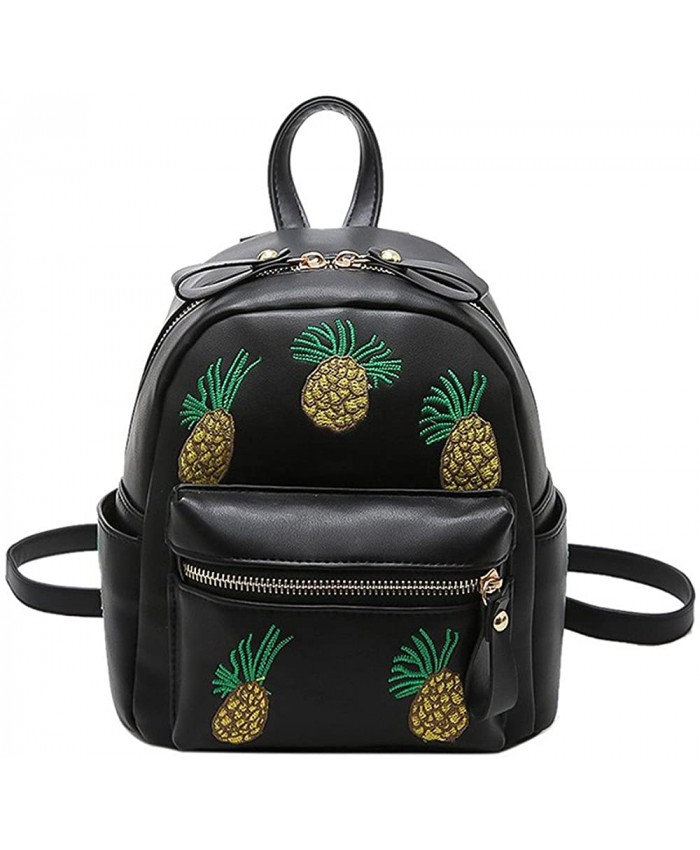 Women Pu Leather Embroidery Pineapple Backpack Shoulder Bag Satchel Black