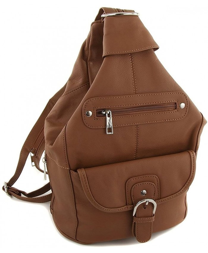Womens Leather Convertible 7 Pocket Medium Size Tear Drop Sling Backpack Purse Shoulder Bag Light Brown
