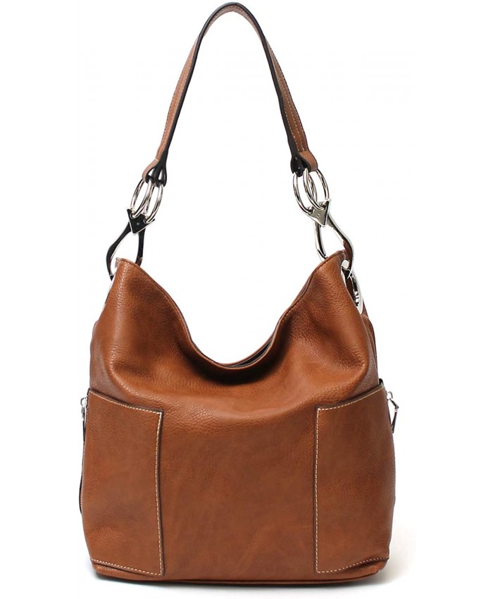 Americana Bucket Style Hobo Shoulder Bag with Big Snap Hook Hardware and Side Zipper Pocket