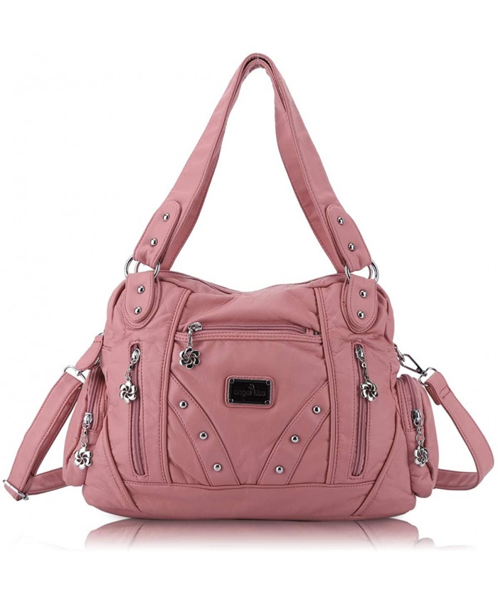 Angel Barcelo Roomy Fashion Hobo Womens Handbags Ladies Purses Satchel Shoulder Bags Tote Washed Leather Bag Pink