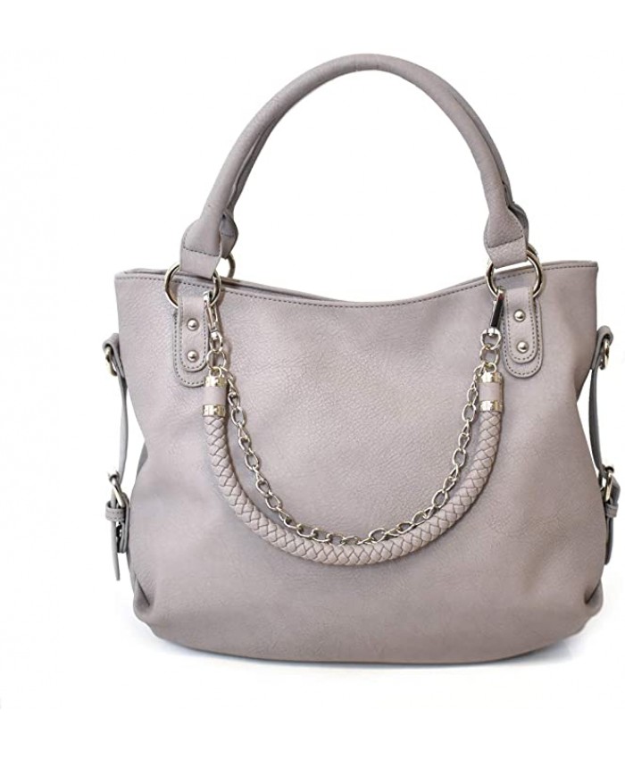 Charming Charlie Women's Hobo Handbag - Hang Chain Design Braided Handle – Adjustable Crossbody Strap Zippered Closure - Grey