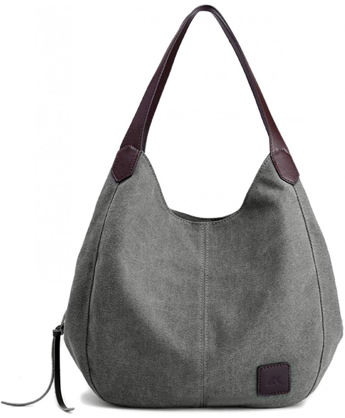 PHABULS Canvas Tote Bag For Women With Zipper Mulit-Pocket Cotton Handbag Fashion Shoulder Purse-grey