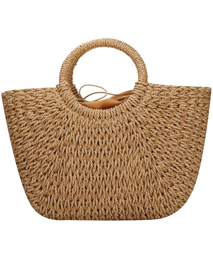 Straw Bags for Women Hand-woven Straw Large Hobo Bag Round Handle Ring Toto Retro Summer Beach bag Brown 16.99W x 7.5inchesH