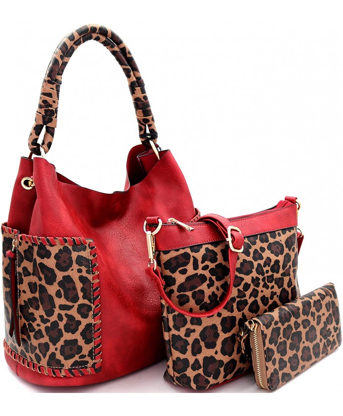 Whipstitched Side Pocket Vegan Suede Leather 3 in 1 Hobo Crossbody Bag Wallet SET 0Leopard Trim - Red Brown