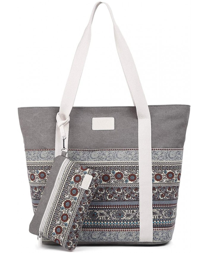 Wxnow Canvas Boho Tote Bag Top Handle for Women Shoulder Hobo Purse Beach Handbags School Word Travel Shopping Pack B-Light Grey