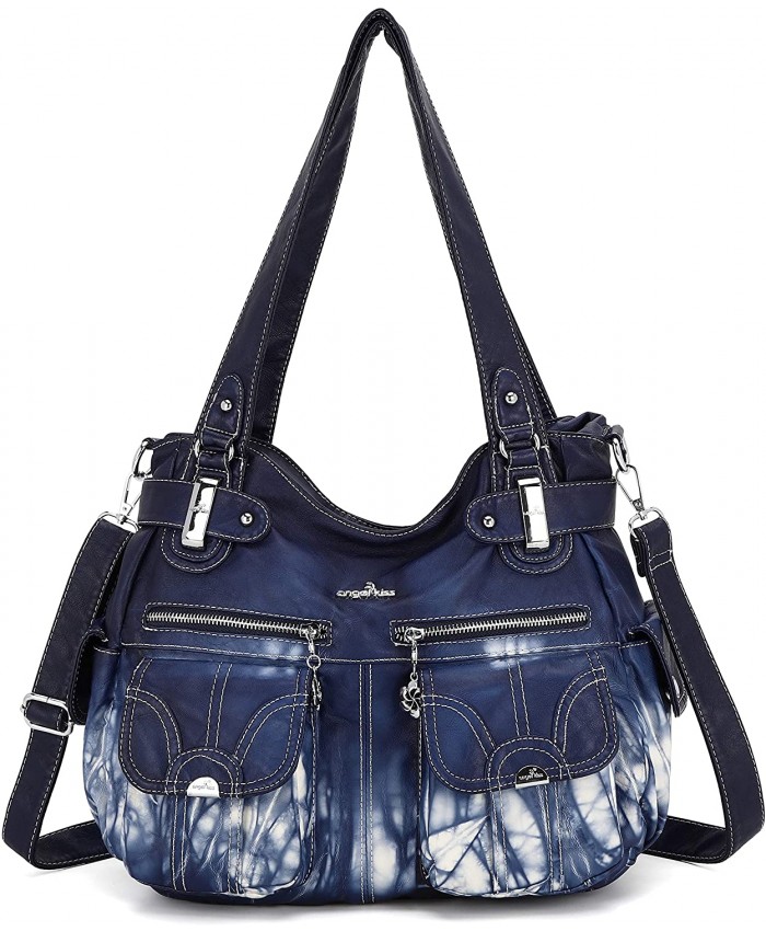 Angelkiss Women's Designer Handbag Large Double Zipper Multi Pocket Washed Blue-z