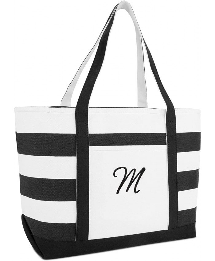 DALIX Striped Beach Bag Tote Bags Satchel Personalized Black Ballent Letter M