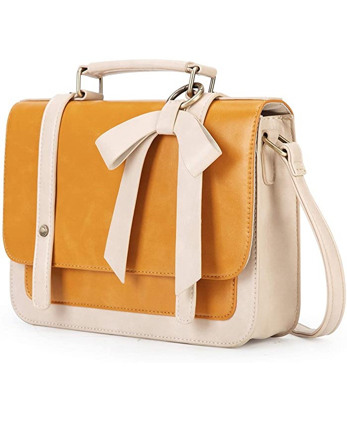 ECOSUSI Small Crossbody Bags Vintage Satchel Work Bag Vegan Leather Shoulder Bag with Detachable Bow Mustard 1 Layer