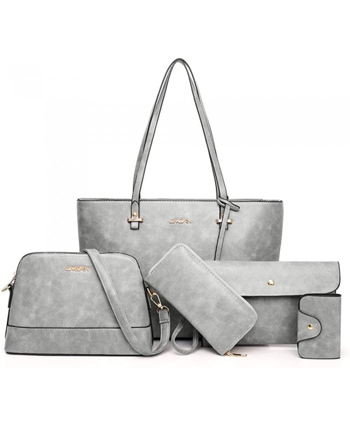 Handbag Set for Women 5 Pack Tote Purse Handbags Set PU Leather Satchel Shoulder Crossbody Wallet Card Holder Bag Set Gray