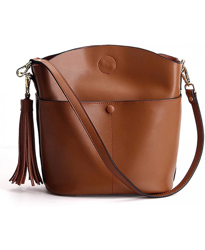 Heshe Womens Leather Crossbody Bag Shoulder Handbags Designer Bucket Purses Brown