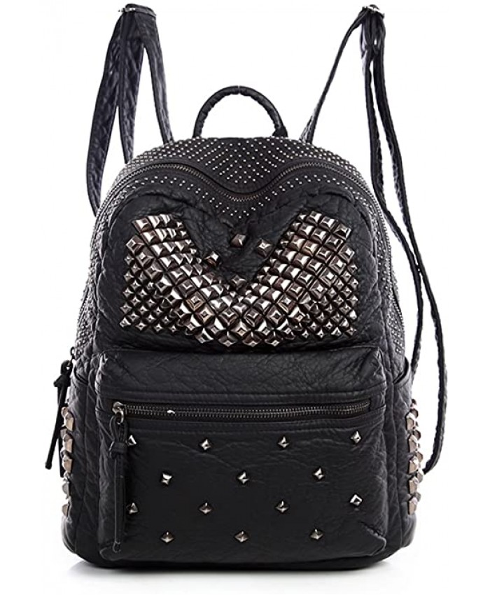 Ladies Women PU Leather Backpack Rivet Studded Cute Satchel School Bags Black-L