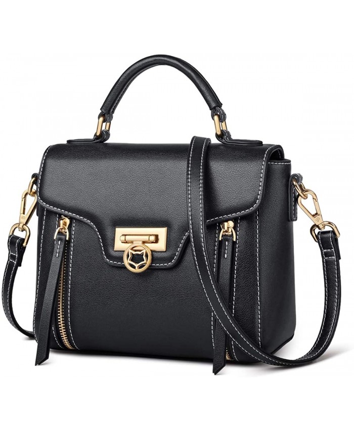 Leather Satchel Handbags for Women Cow Leather Ladies Top-handle Bags with Adjustable Shoulder Strap Women's Vintage Crossbody Purses and Handbags Womens Small Tote Purse Fashion Zipper Bags Black Handbags