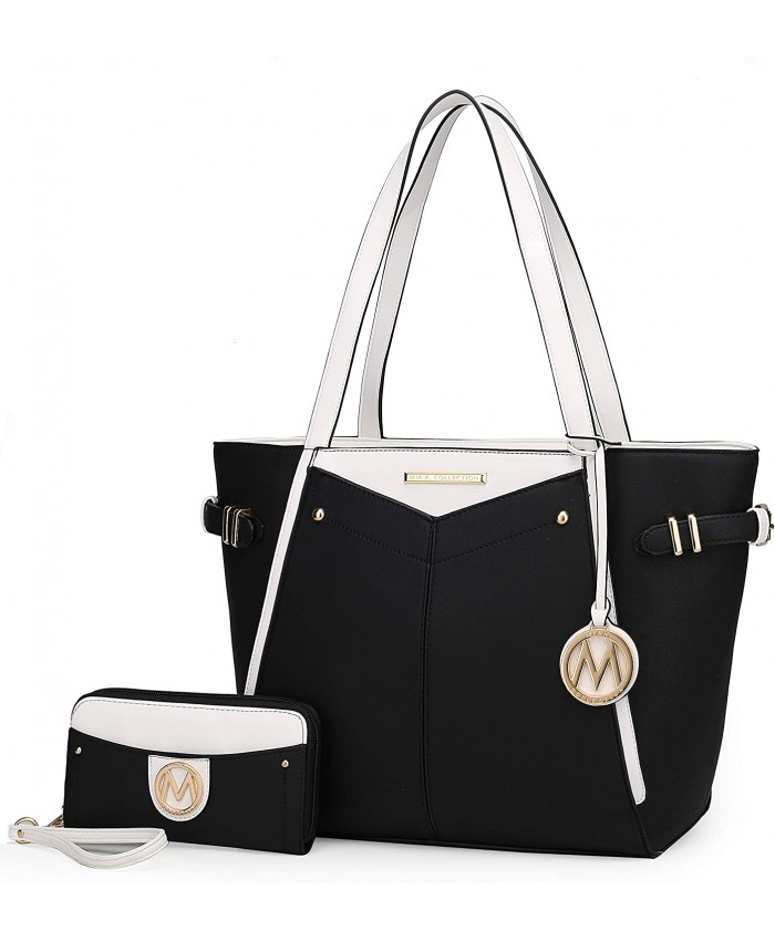 MKF Set Shoulder Bag for Women & Wristlet Wallet Purse Top Handle Tote Satchel PU Leather Handbag Pocketbook Black-White