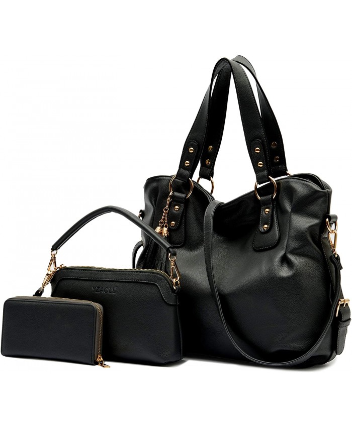 Purse and Wallet set for Women Large Hobo Bags Female Fashion Tote Shoulder Bags Crossbody Wallets Satchel Purse Set 3pcs Black