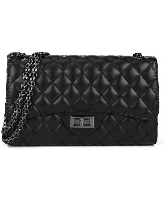 Quilted Crossbody Bags for Women Leather Ladies Shoulder Purses and Handbags with Chain Strap Stylish Satchel Purse Lightweight Clutch Black