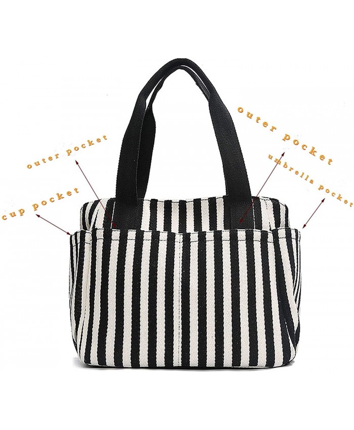 Striped Tote Handbag Black & White Daily Satchel Shoulder Purses with Multi-Pockets Medium Cotton Canvas Vaction Shoulder Handbag with Zipper Top Hand Travel Tote Gifts for Womens M Black+White