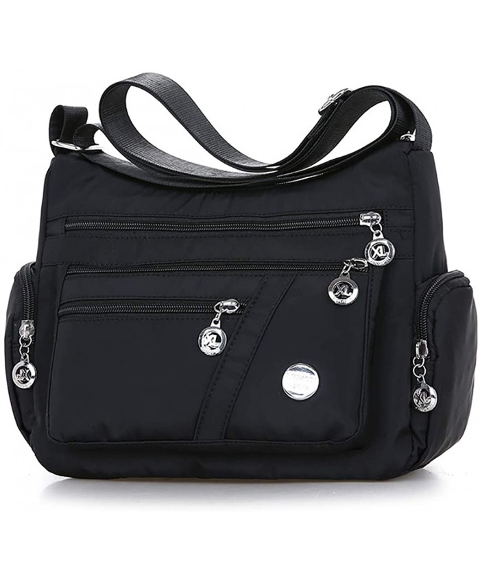 Women Shoulder Handbag Lightweight Crossbody Bag Multiple Pockets Messenger Bag Small Ladies Tote Nylon Satchel Purses with Adjustable Strap For Travel Black