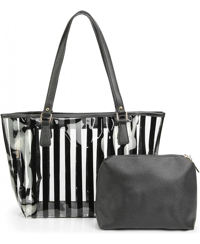 2 in 1 Semi Clear Beach Tote Bags Large Work Shoulder Bag with Interior Pouch Black Handbags