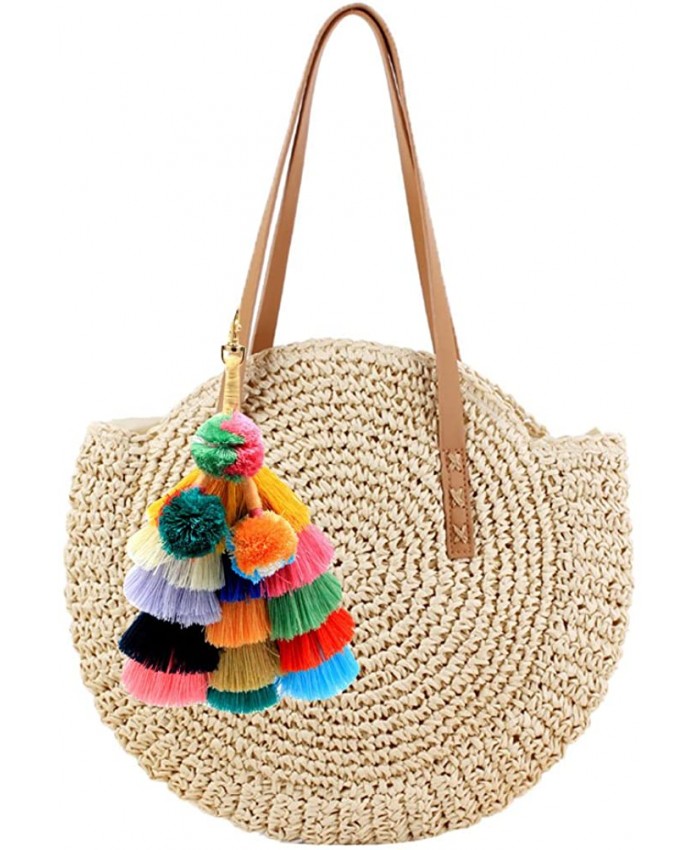 Abuyall Women Round Straw Shoulder Bag Weave Summer Beach Top Handle Handbag A Handbags