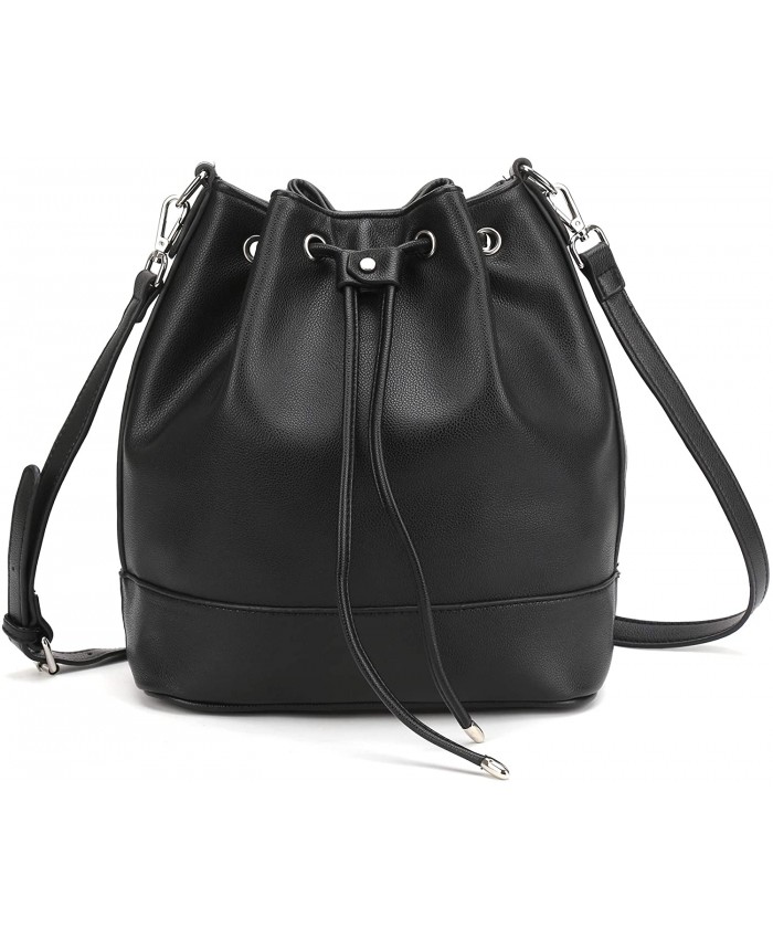 AFKOMST Bucket Bag for Women Drawstring Purses and Handbags Faux Leather with 2 Shoulder Straps Black L