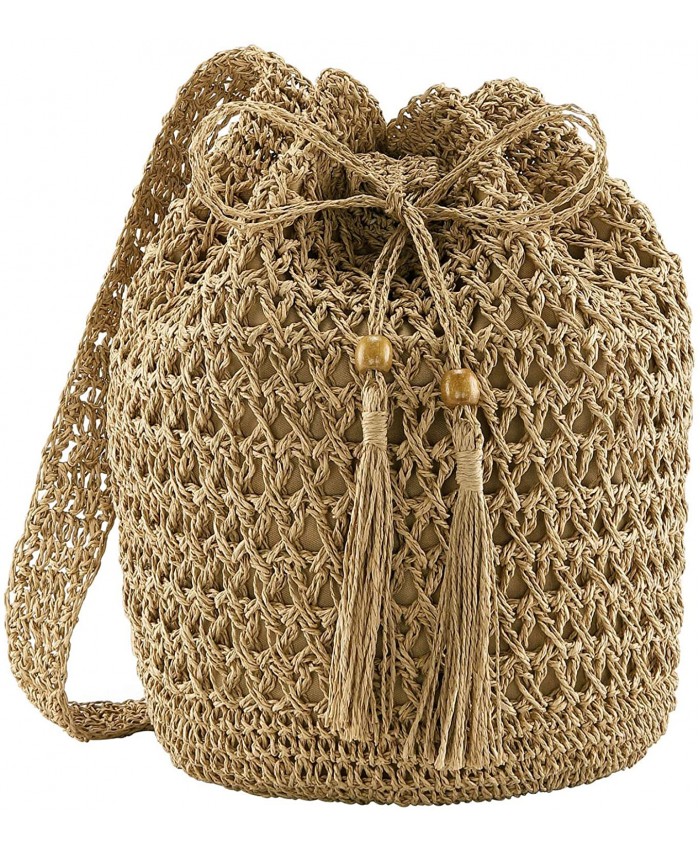Ayliss Women Beach Handbag Straw Crossbody Shoulder Handbag Summer Beach Handmade Woven Bucket Bag Drawstring with Tassel Khaki Handbags