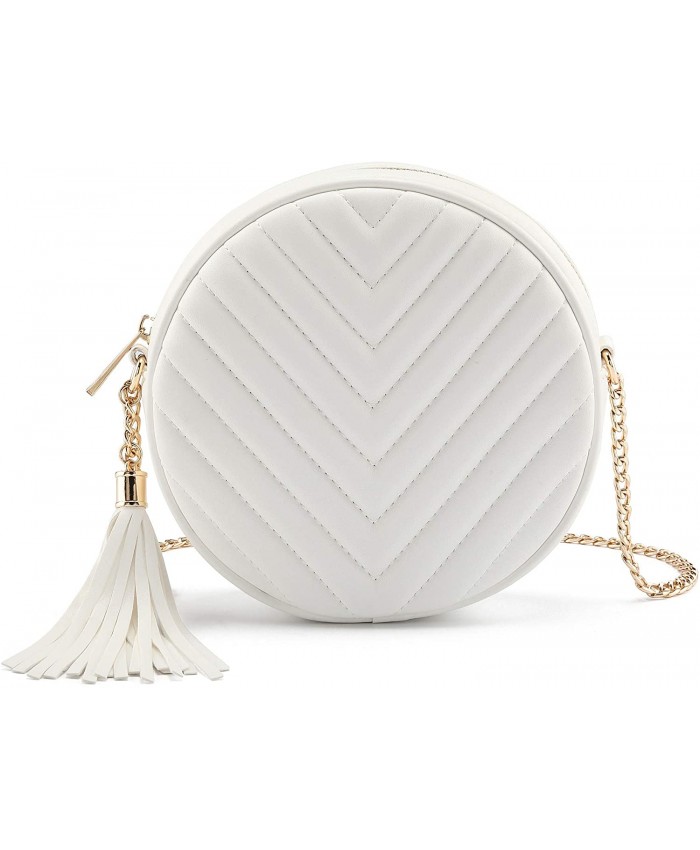 CHIC DIARY Small Crossbody Bags for Women Round Quilted Purse with Tassel Faxu Leather Shoulder bag White Handbags