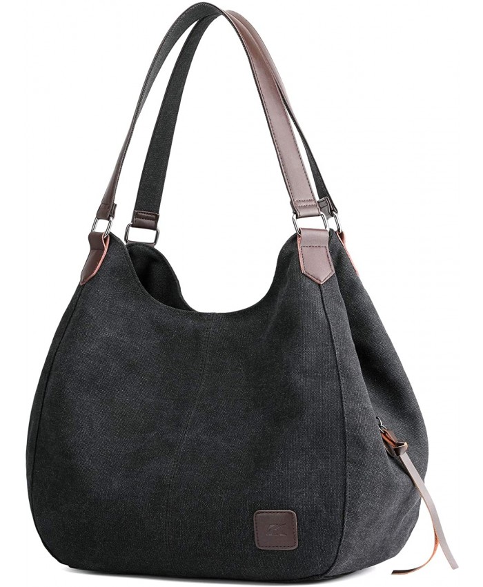 DOURR Women's Multi-pocket Shoulder Bag Fashion Cotton Canvas Handbag Tote Purse Black 1 - large size