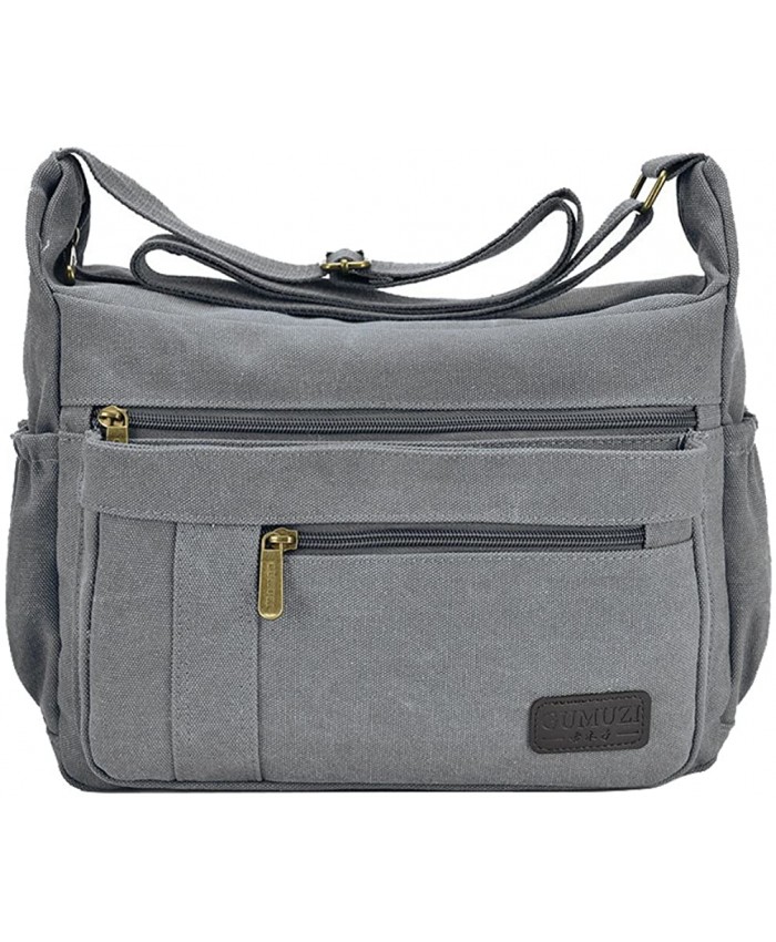Fabuxry Light Weight Canvas Shoulder Bag for Women Messenger Handbags Cross Body Multi Zipper Pockets Bag Grey Handbags