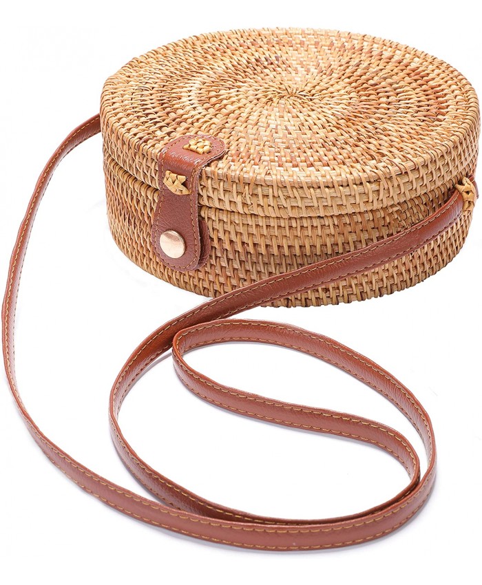 Handwoven Round Rattan Bag Shoulder Leather Straps Natural Chic Hand Handbags