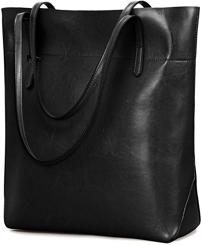 Kattee Vintage Genuine Leather Tote Shoulder Bag With Adjustable Handles Black