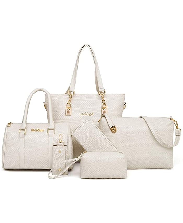 Poopy Women Fashion Handbags Tote Bag Shoulder Bag Top Handle Satchel 5pcs Purse Set white