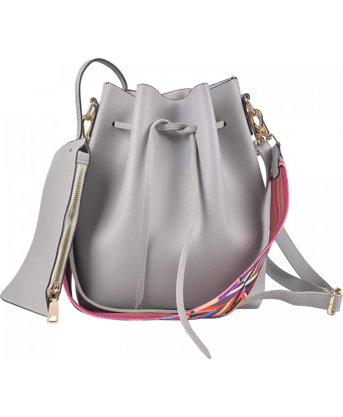 QZUnique Handbag Set Women's PU Leather Drawstring Bucket Bag Crossbody Shoulder Bags Purses Set With Colorful Strap Grey
