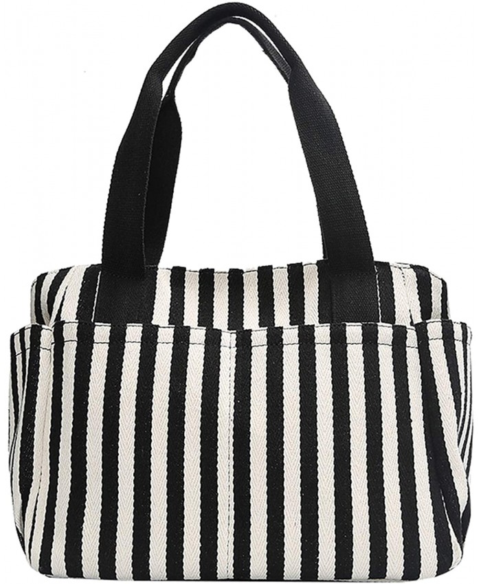 Striped Tote Handbag Classic Black White Print Purse Medium Travel Beach Stuff Person Daily Work Cotton Canvas Tote Bags with 9 pockets for Women's Gifts black and white