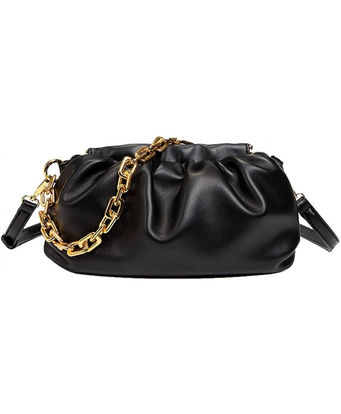 Women's Chain Pouch Bag Cloud-Shaped Dumpling Clutch Purse Fashion Trendy Shoulder Crossbody Handbag Ruched Chain Link Bag Black Handbags