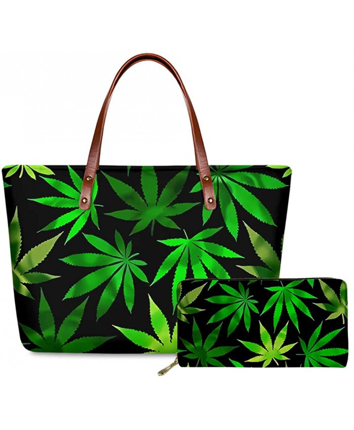 FKELYI Green Wood Pot Marijuana Leaves Design Womens Top-Handle Bag with Cluth Long Wallets Money Bag Set of 2 Packs Handbags