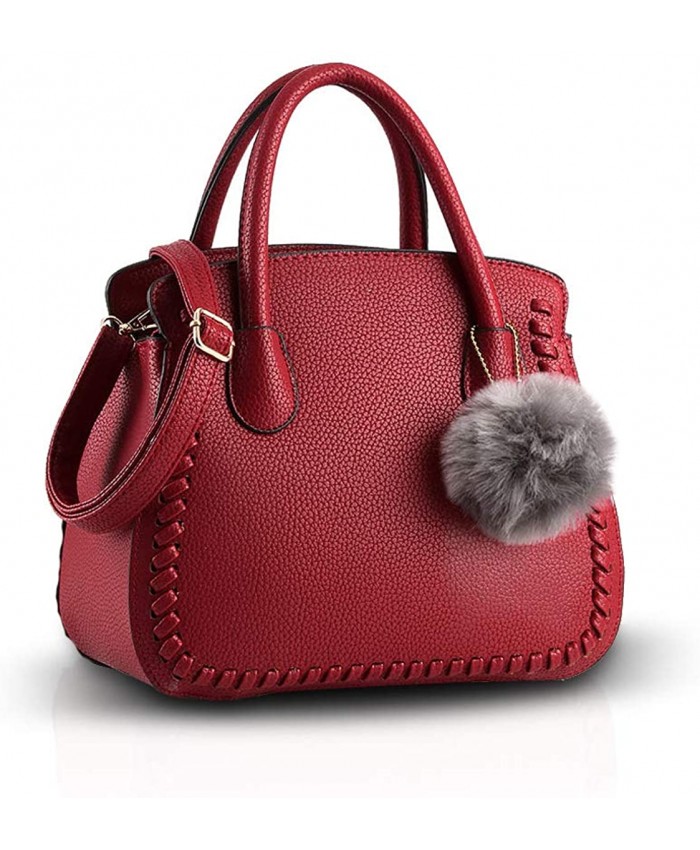 NICOLE & DORIS Fashion Handbag for Women Crossbody Bag Ladies Satchel Elegant Messenger Bag PU Leather Shoulder Bag with Pompom PendantRed wine Handbags