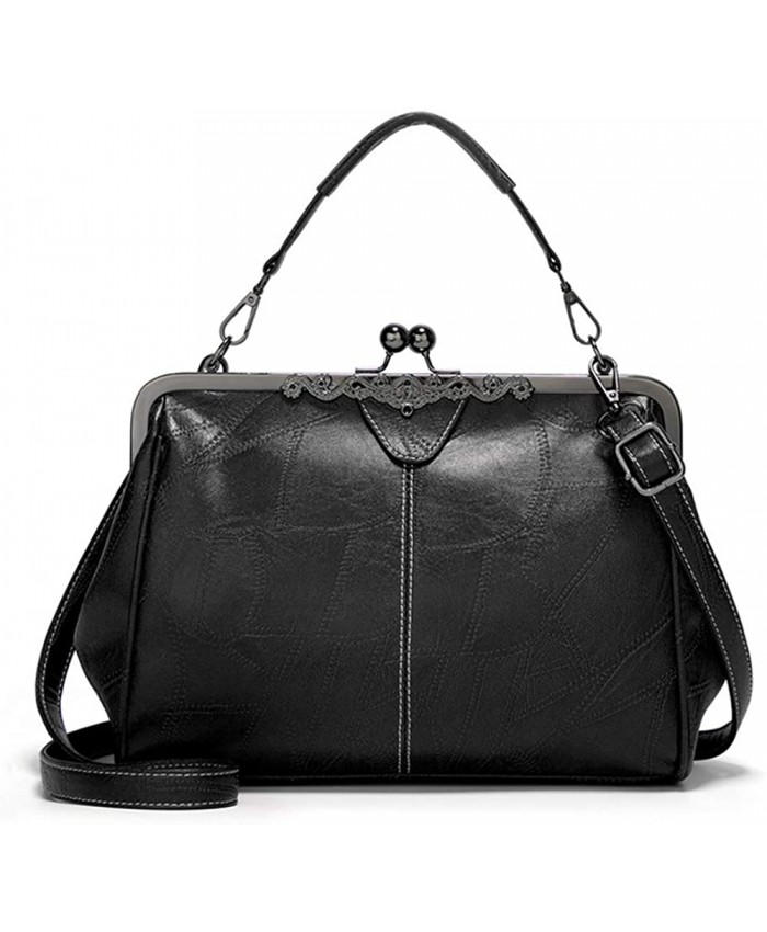 Segater Women Retro Hollow Oil Wax PU Leather Handbag Kiss Lock Crossbody Purse Vintage Messenger Bag Tote Handbags