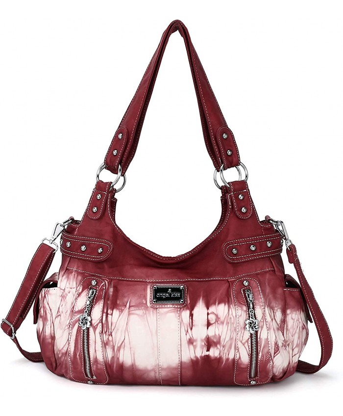 Women Handbags Shoulder Bags Washed Leather Satchel Tote Bag Mutipocket Purse AK19244-3Z#13-PINK