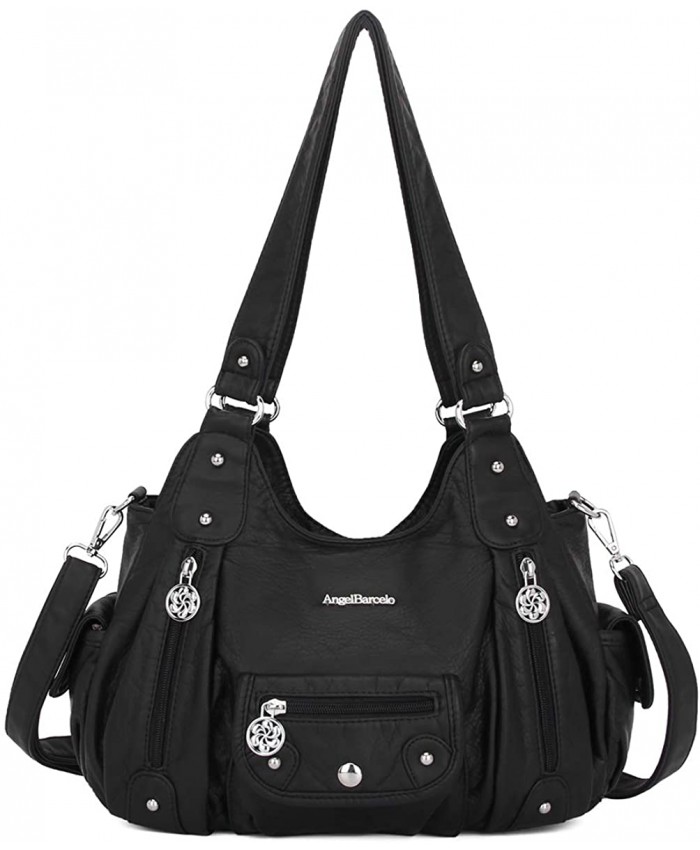 Angel Barcelo Roomy Fashion Hobo Womens Handbags Ladies Purses Satchel Shoulder Bags Tote Washed Leather Bag Black