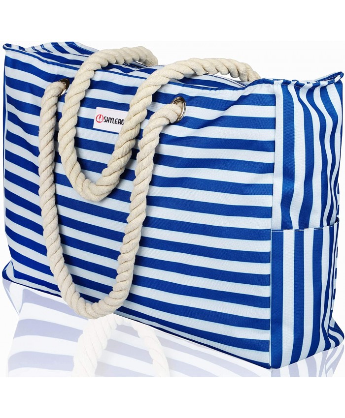 Beach Bag XL. 100% Waterproof IP64. L22 xH15 xW6 w Cotton Rope Handles Top Zipper Extra Outside Pocket. Blue Stripes Beach Tote Includes Waterproof Phone Case Built-in Key Holder Bottle Opener
